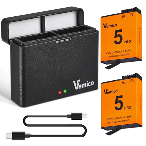 Vemico Osmo Action 6 Battery Charger Kit 2 Pack 2100mAh Action 5 Pro Batteries Type-C Dual-Slot Charger Compatible with DJI OSMO 360 and Action 6/Action 5 Pro/Action 4/Action 3