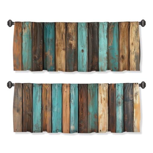Rustic Valance Curtain for Windows 2 Pack Teal Country Wood Board Turquoise Brown Stripes Rod Pocket Printed Curtain Valances Short Tier Curtains for Kitchen Living Room Bathroom Bedroom 54 x 18 Inch