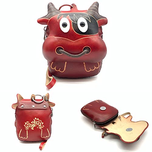 Vintage Genuine Leather 3D Animal Bull Coin Purse with keyring & Removable wrist strap (Red)4