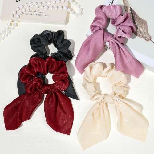 Image of 12 PCS Bow Hair Scrunchies Bunny Ears Silk Scrunchies Hair Ties Bobbles Elastic Hair Ties Ropes Ponytail Holder Hair Accessories for Women