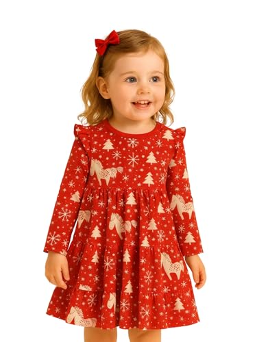 Image of Girl Long Sleeve Dress Ruffle Rainbow Color Block Cotton Casual Tiered Pleated Twirly Dress