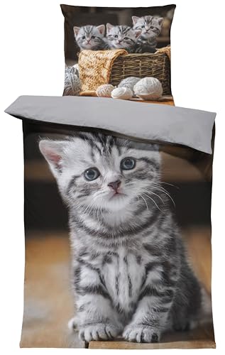 one-home Bettwäsche 135x200 cm Mikrofaser Bettbezug Fotodruck modern weich und kuschelig knitterfrei für Sommer und Winter geeignet, Farbe:Katzen...