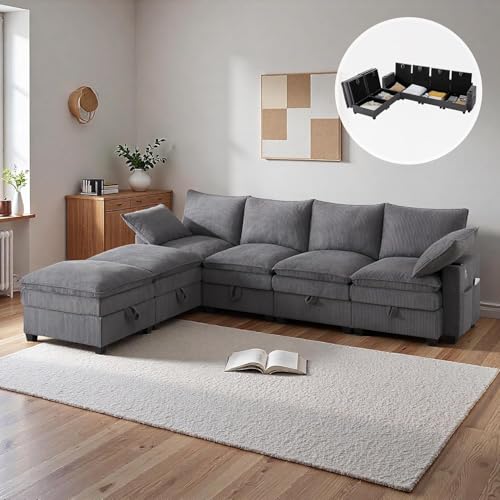 Wyibwy Sofá modular en U de 6 plazas con puerto USB y espacio de almacenamiento, sofá esquinero en forma de L con reposapiés extraíble y portavasos, sofás con bolsillos laterales, pana (beige)