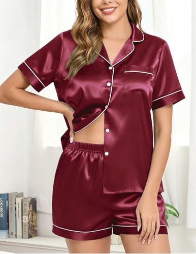 Image of Veseacky Women Satin Pajamas Set 2 Piece Button Down Short Sleeve Soft Sleepwear with Pockets