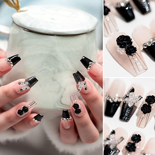 Sun&Beam Nails Handmade Long Coffin Ballerina Nude False Nail Tips with Cute 3D Black Flower Butterfly Diamond Popular Charm Design Press On Nails 10 Pcs (#69 XS) - Image 2