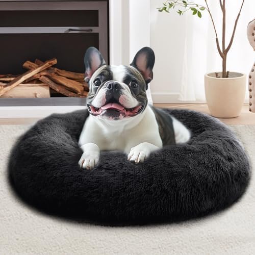 jollyvogue calming dog bed large size dog, anti-anxiety donut large pet bed, 36 inches fluffy faux fur round cat bed, fits up to 75 lbs pets (black) 36.0"l x 36.0"w x 8.0"th black