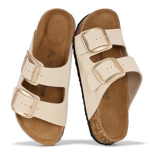 Project Cloud Genuine Leather Flat Sandals for Women 2026 Comfortable Beach Essentials Womens Sandals Memory Foam Vacation Essentials Slides for Women Footwear (Santorini, CREVLEA,10M)