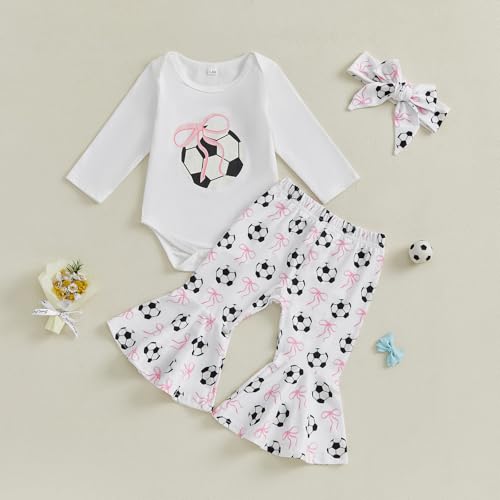 Newborn Baby Girl Soccer Outfit Soccer Bow Short Sleeve Bubble Romper Bell Bottom Pants Headband Set Summer Clothes3