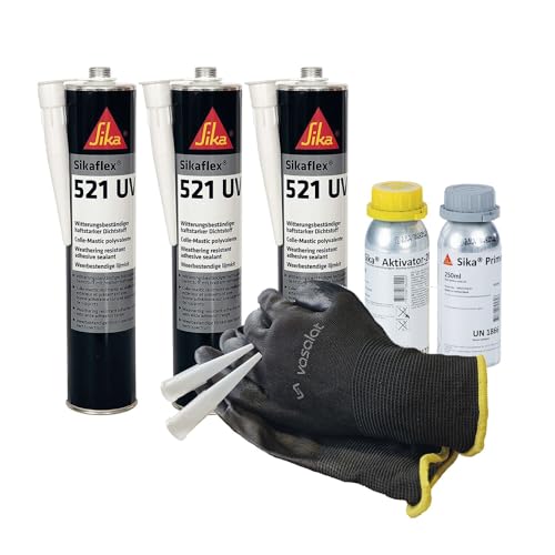Sikaflex 521 UV grau 3x 300ml Kleb- und Dichtstoff mit Aktivator 205 und Primer 210 - zur Abdichtung von Buntmetall mit 5 Düsenspitzen