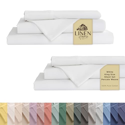 Image of Linen Home 2-Pack King Sheet Set, 100% Cotton Percale Bedding, 8-Piece Value Bundle, Deep Pocket Cooling Bed Sheets for Hot Sleepers, Breathable & Crisp Hotel Quality, Long-Staple Cotton, White