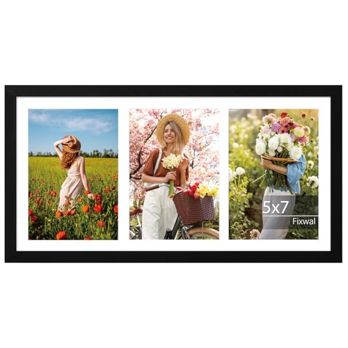 Fixwal 8x16 Collage Picture Frame Fits 3 5x7 Photos with Mat or 8x16 Without Mat Tabletop or Wall Mount Multi Photo Frame for Home Decor Black 1 Pack
