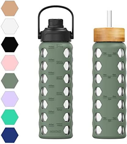 MUKOKO 24oz Glass Water Bottle with 2 Lids-Handle Flip Lid&Bamboo Straw Lid,Motivational Water Tumbler with Time Marker Reminder and Silicone Sleeve, Leakproof-Olive