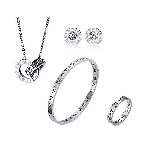 VNOX Stainless Steel Silver Roman Numeral Bangle Bracelet Necklace Stud Earrings Ring Band for Women Grils Jewelry Set,Ring Size 4