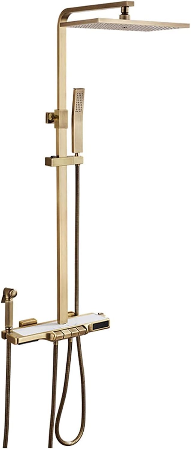 Thermostatic Shower Faucet Set, Rainfall Shower Head with Handheld, Antique Brass Bathroom Shower Fixture, Exposed Shower System with Dual Shower Head, Tub Spout and Hand Bidet Sprayer