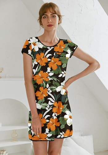 Image of Ekouaer Womens Nightgown Sleep Shirt Dress Satin Patchwork Short Sleeve Sleepwear with Pocket