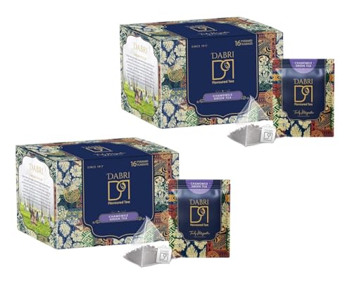 Image of Dabri Chamomile Green Tea 32 Pyramid Dip Tea Bags|Pack of 2 x 16 Bags Each|Natural Whole Leaf & Chamomile Flowers|Relieves Menstrual Cramps & Stress|Aids Sleep & Digestion|Glowing Skin & Strong Hair