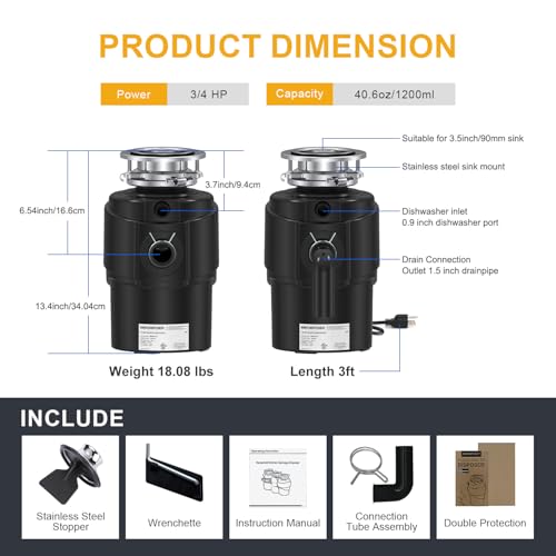 image for MAX DISPOSER Garbage Disposal 3/4 HP Ultra Quiet powerful grinding Kit