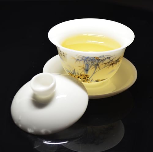 Image of Liang baobao Ice Jade White Porcelain Gaiwan,5oz Teacup Suet-fat Jade Porcelain Chinese Tea Cup Set for Gongfu Tea (bamboo)