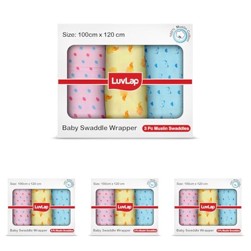 Image of LuvLap 100% Cotton Muslin Baby Swaddle Set, Baby Towel, Size-120cm x 100cm (47 inchx39 inch), Dots Hearts Print, 0-18 Month+, Printed Mulmal Muslin Swaddle Wrap for New Born, Pack of 12