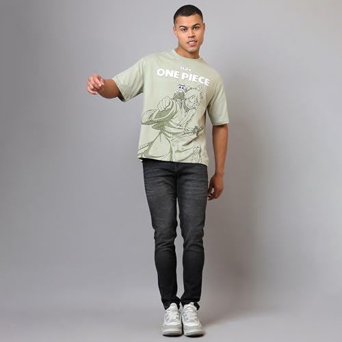 Image of Free Authority Official One Piece: Monkey D. Luffy Anime Graphic Print Pure Cotton Grey Oversized Tshirt for Men
