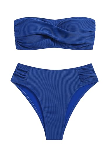 ZAFUL Women's Strapless Twist Bandeau Bikini 2 Piece Swimwear Cheeky Solid Lace up Bathing Suits2
