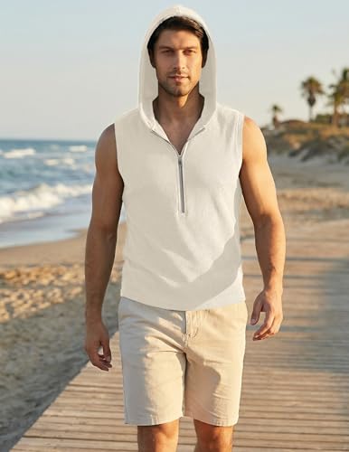 JMIERR Men's Athletic Muscle Sleeveless Hooded T Shirt Quarter Zip Performance Tank Top Lightweight Stretching Sportswear for Jogging, 3XL, Apricot — view 5