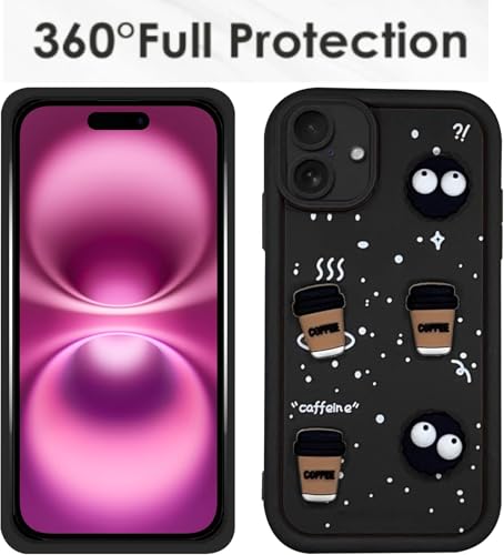 Image of GoldKart Back Case Cover Compatible for iPhone 16 | Cute Fun Cartoon 3D Ball Coffee Silicone Case | Full Body Protection Back Cover for iPhone 16 - Black