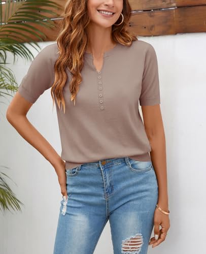 Image of Women Summer Knit Shirt Blouse V Neck Short Sleeve Pullover Sweater Tops
