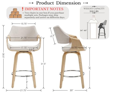 Image of 26'' Modern Barrel Swivel Counter Stools Counter Height Swivel Bar Stools with Backs Set of 2, Beige Chenille Upholstered Bar Height stools, Farmhouse Solid Wood Barstools for Kitchen Island, Home Bar