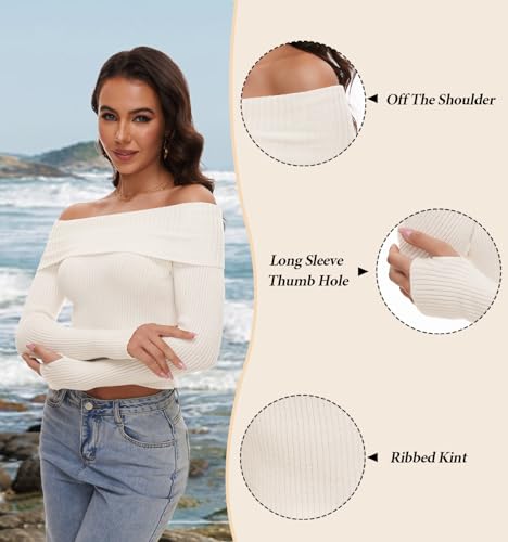Women Basic Fitted Long Sleeve Off Shoulder Crop Tee Top with Thumb Hole Rib Knit Sweater Y2k Crop Shirt Pullover Tops3