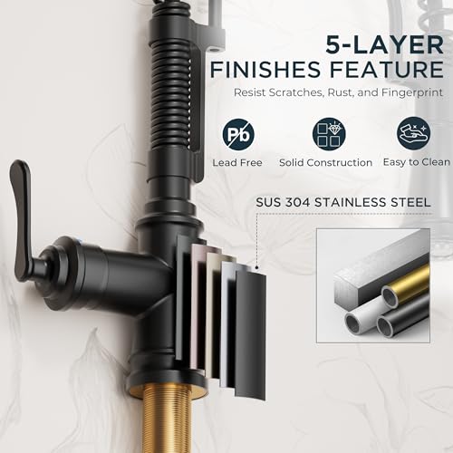 Image of FORIOUS Black Kitchen Faucet with Pull Down Sprayer, Stainless Steel Single Handle Spring Antique Kitchen Sink Faucet with Deck Plate for 1 or 3 Holes, Sutiable for Farmhouse, RV, Camper, Wet Bar