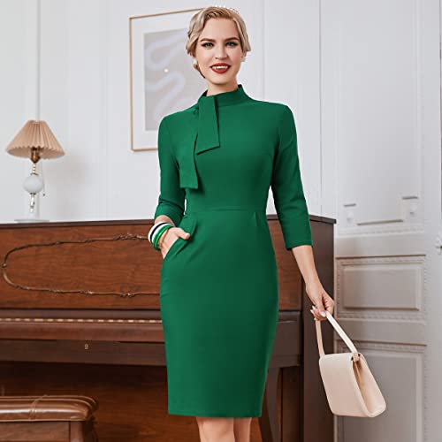 Image of MUXXN Women's Midi Pencil 1950s Vintage Cocktail 3 /4 Sleeve Tie Neck Bodycon Mid-Calf Dress with Pockets