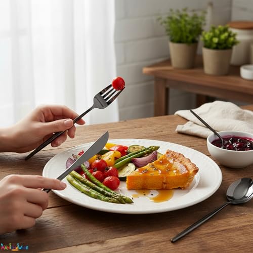 Image of Slim Handle Black 4 Pcs Stainless Steel Cutlery Set for Dining Table, Dishwasher Safe Glossy Flatware (1 Spoon Set + 1 Forks Set + 1 Butter Knife + 1 Dessert Spoon)