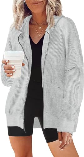 Womens Fashion Zip Up Hoodies Oversized Waffle Knit Jacket Shirts Long Sleeve Solid Shacket Blouse with Pockets2