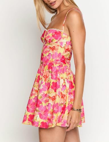 Image of Women Boho Floral Mini Cami Dress Spaghetti Strap Flowy Sling Dress Graphic Backless Summer Holiday Sundress