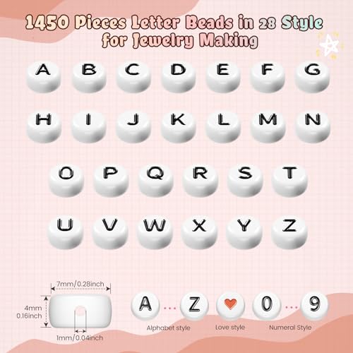 Image of FZIIVQU 1400 Pcs Letter Beads Kit, 28 Styles White Acrylic Alphabet Beads Letter Beads for Jewelry Making wiht Number Beads Heart Beads Friendship Bracelet Kit (Pack of 2)