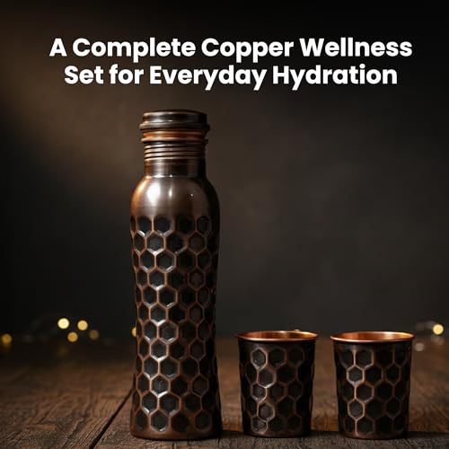 Image of Copper Water Bottle 1 Ltr | Copper Water Bottle with Glass Set | Meena Work | 100% Pure | Leak-Proof | 2 Water Glass 300ml each | Best for Gifting (Antique Design)