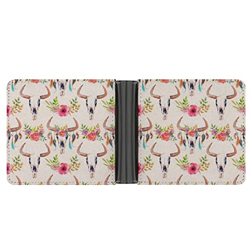 Cartera de piel sintética para hombre, diseño de calavera de toro con flores, cartera plegable delgada con 6 tarjeteros, clip para dinero