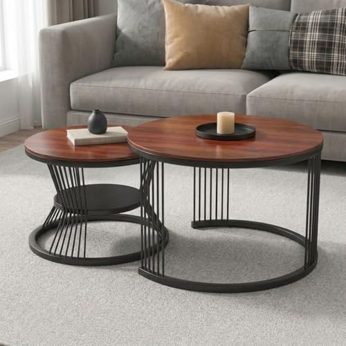 Image of Coffee Table, 20 inch Round Coffee Table Set of 2, Wooden Nesting Table with Metal Frame, Center Tables for Living Room Bedroom Balcony Bedside Table Black Brown