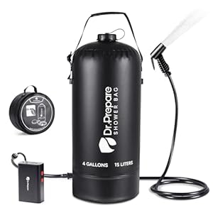 DR.PREPARE Portable Shower with Rechargeable Electric Pump, 4 Gallons/5 Gallons Outdoor Camp Shower Bag, Fast Inflation, Dual Shower Options, Portable for Camping, Hiking, Beach