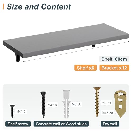 Image of SKYSEN Floating Shelves for Wall Set of 6, 23.6in Wood Wall Shelf for Decor, Bathroom, Bedroom, Storage, Book,Kitchen, Living Room - Grey(fs-60-g)