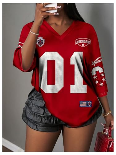 Women's Number Graphic Mesh Jersey Shirt V Neck 3/4 Sleeve Football Tee Tops Sportswear4