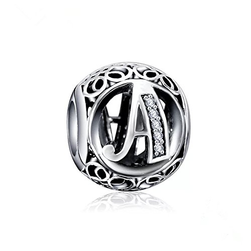 26 Letter Initial Character 925 Sterling Silver Bead Charm fit Pandora Chamilia Bracelet Necklace Jewlery (Letter A)