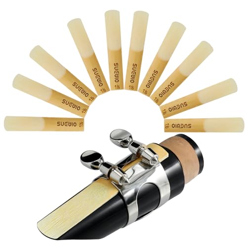 SUEWIO 10 Pack Bb Clarinet Reeds with Plastic Box, Strength 1.5 Reeds for Clarinet, Thinner Reed Tip & Unfiled Cut, Traditional Reeds for Clarinet Beginners and Players