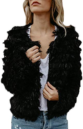 Womens Open Front Faux Fur Cardigan Vintage Parka Shaggy Jacket Coat (Small, Black-)