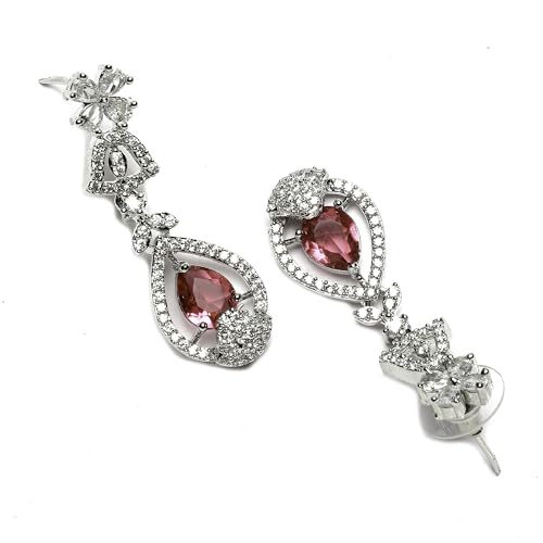 Image of ZENEME Rhodium-Plated Silver-Toned Emerald-Cut American Diamond Floral Link Necklace Set with Pear Drop Earrings for Women & Girls