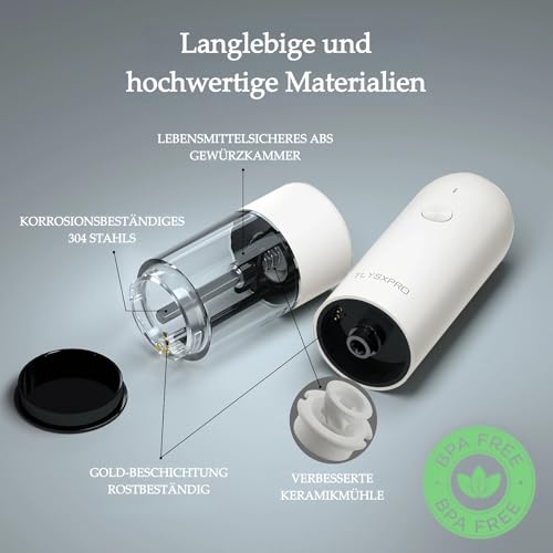 TLYSXPRO Salz und Pfeffermühle Elektrisch 2er Set, USB Wiederaufladbar, Einstellbarer Grobheit Gewürzmühle… – Ansicht 3