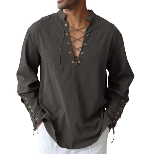 Image of CTU Men's Cotton Shirt Pirate Shirt Medieval Viking Renaissance Costume | V-Neck,Drawstring Collar,Linen Tunic,Ren Faire,Plus Size,Goth,Big and Tall,Halloween