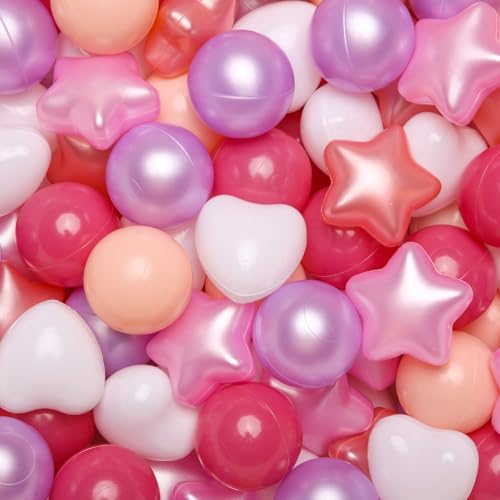 TRENDPLAY Ball Pit Balls Stars : Different Shapes - Mix Stars Shapes for Kids, Perfect for Parties, Pink Green Blue White Gray 50 100 200 500 Pack (Pearl Red+ Pink+ Purple,50)