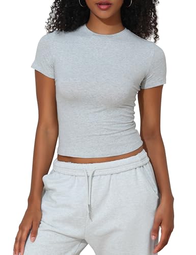 kayamiya Women's Casual Basic Crop Tops Short Sleeve Cotton Baby Tees Crewneck Tight T Shirts for Going Out Grey L